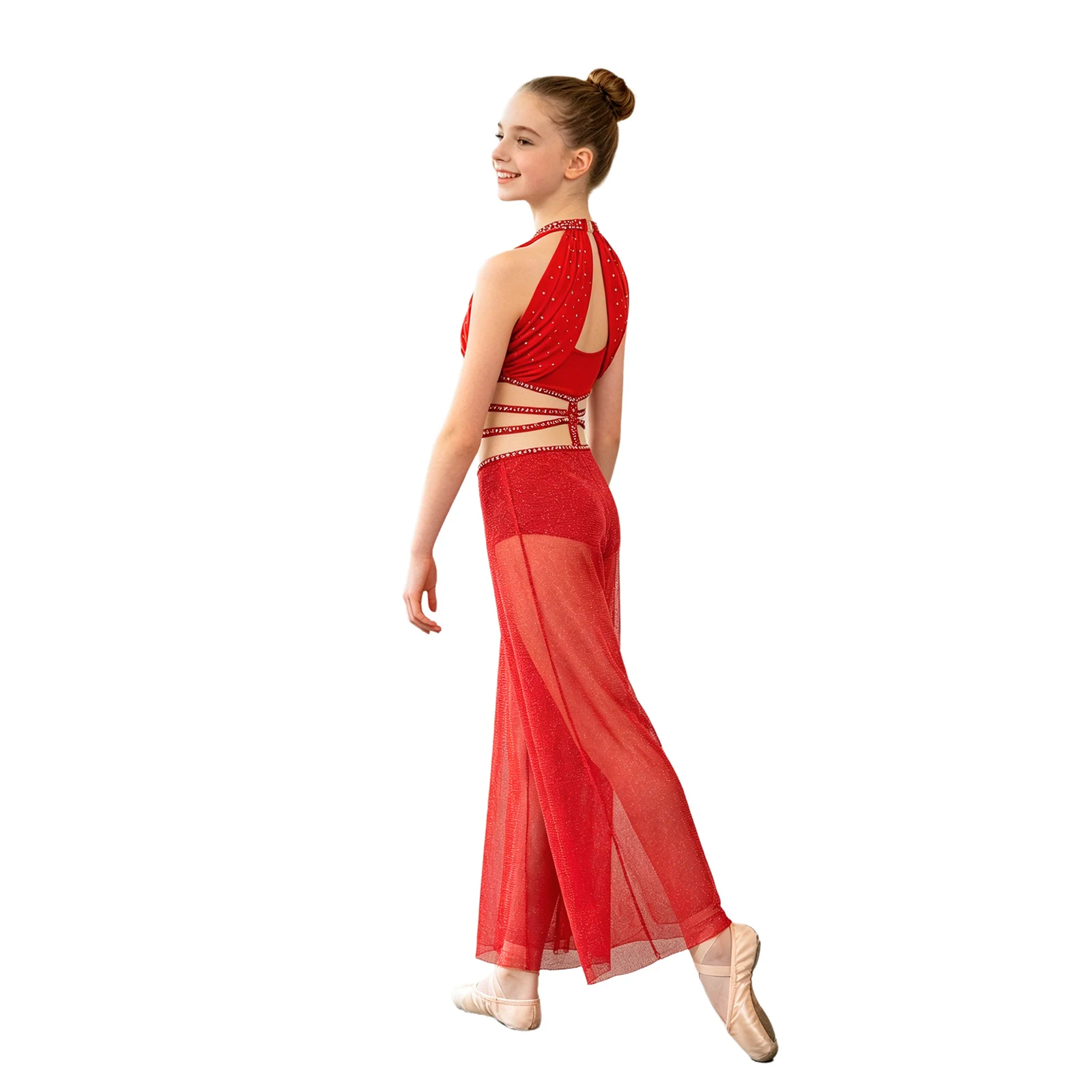 

Girls Ballet Lyrical Dance Jumpsuit Cutout Sleeveless Sequin Bodice Split Mesh Wide-leg Bodysuit Skating Jazz Modern Dancewear