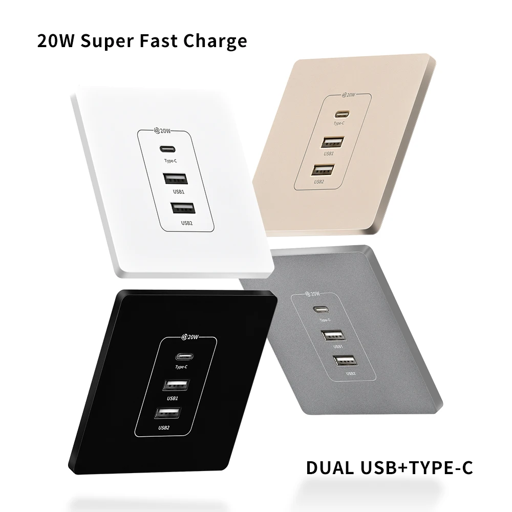 

2025 Type86 * 86 20 W Fast Type C Wall 220 V Socket 3.1 Smart Charging Adapter UniC Plug Dual USB Plug
