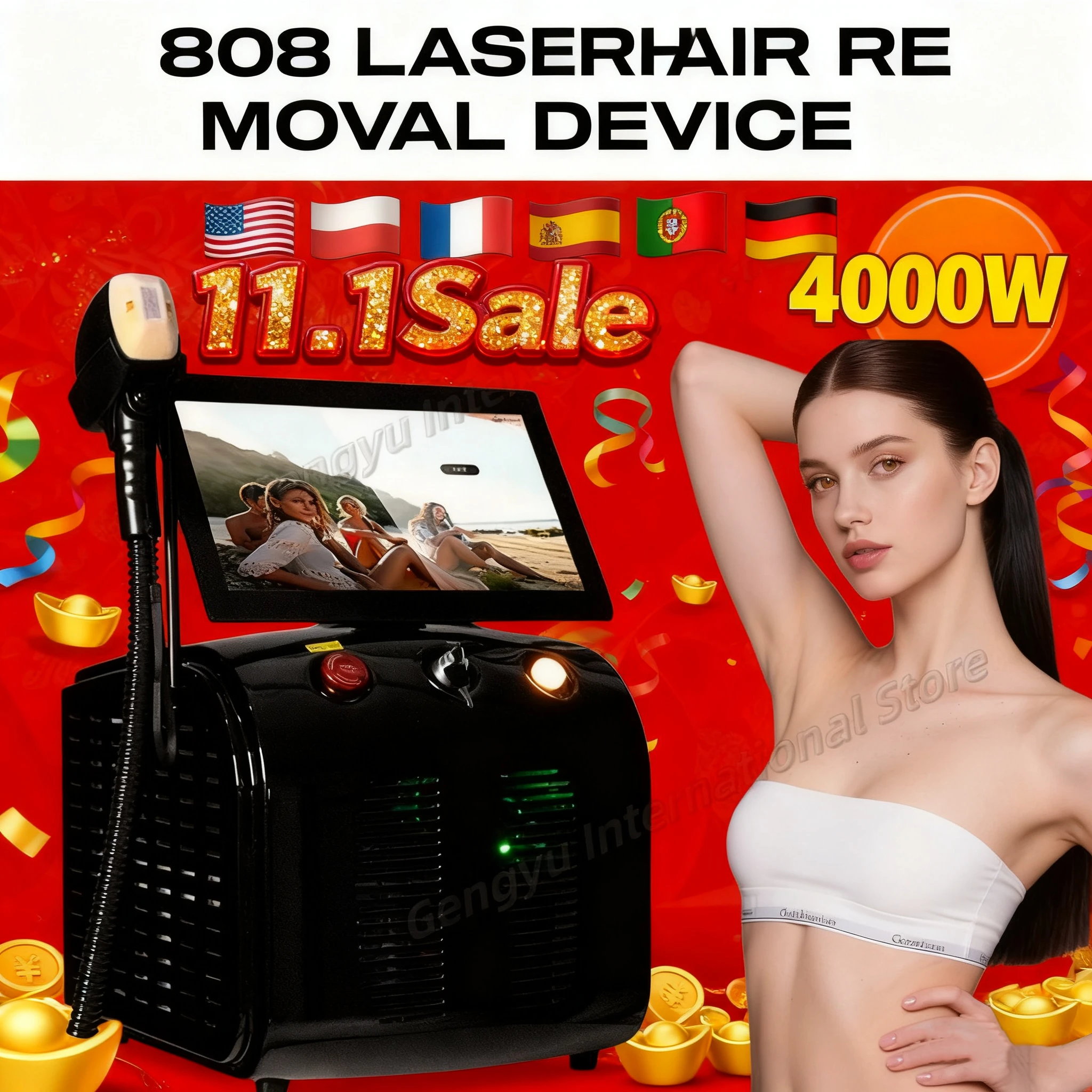 Épilation professionnelle au laser 4000 W avec 3 modes pour une épilation permanente sur la ligne du corps, du visage et du bikini. Diode 808 nm La