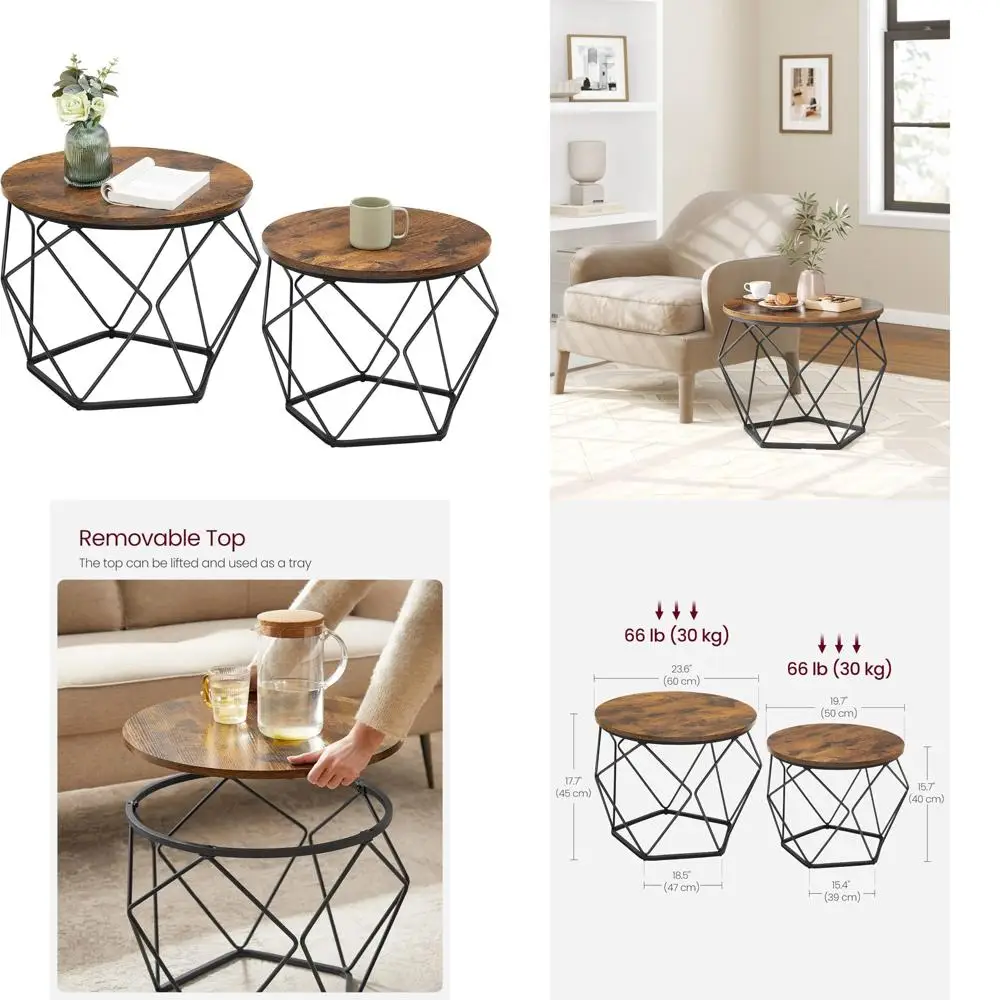 

Round Coffee Table Set of 2 with Steel Frame, Modern Side End Tables for Living Room, Bedroom, Office, Rustic Style