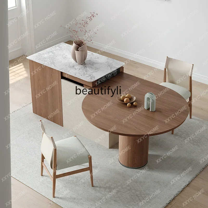 

Высококачественный островной обеденный стол, встроенный бытовой выдвижной мрамор, черный орех, текстура древесины, светлый, роскошный, элитный смысл