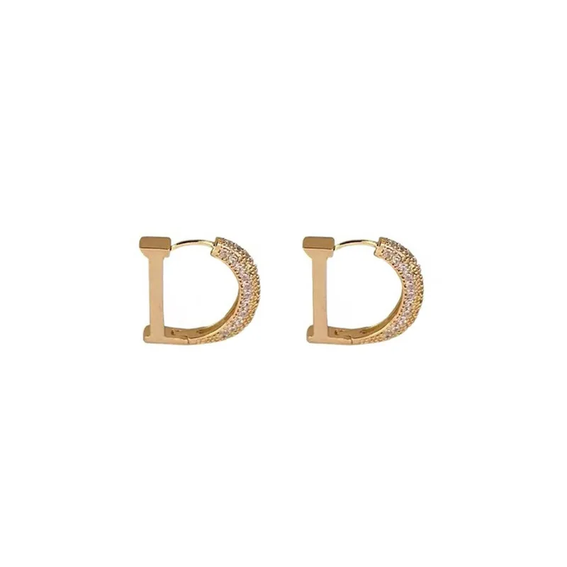 New Fashion Full of Rhinestone Letter D Earrings For Women Luxury Brand Gold Color Metal Small Earrings Party Jewelry Gift