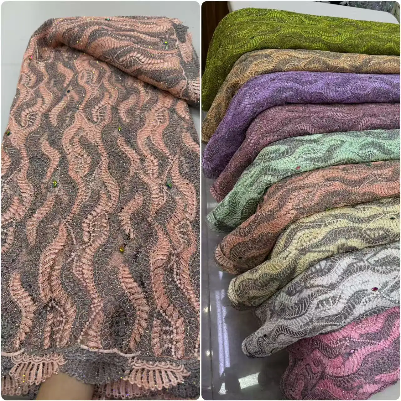 Latest African Cord Guipure Lace Fabric Luxury Stones African Lace Fabric 5Yards Nigerian Embroidery Lace Fabric Dress Wedding