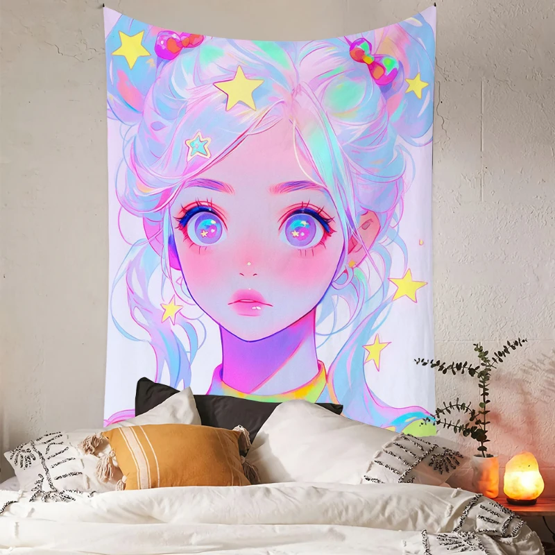 VIKAMA Kawaii Regenbogen Anime Mädchen Wandteppich Neon Ästhetische Wanddekoration Pastell-Kunst für Schlafzimmer Wohnheim Heim-Dekor