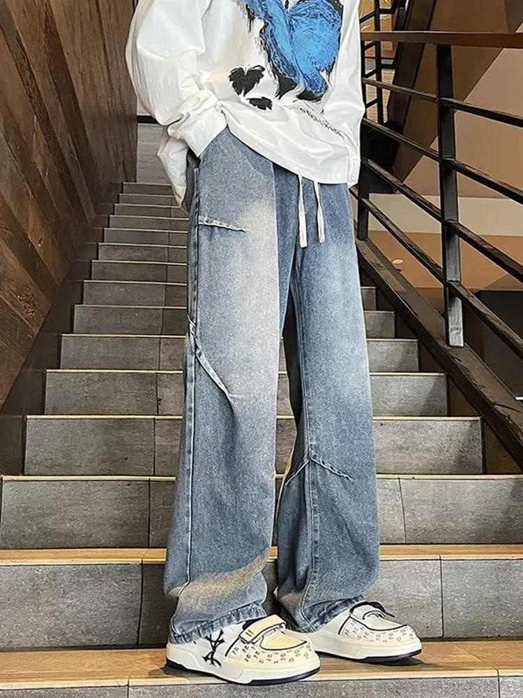 Jeans da uomo a gamba dritta New Hip Hop Fashion coulisse semplici pantaloni larghi a vita alta Jeans Casual a gamba larga con per uomo