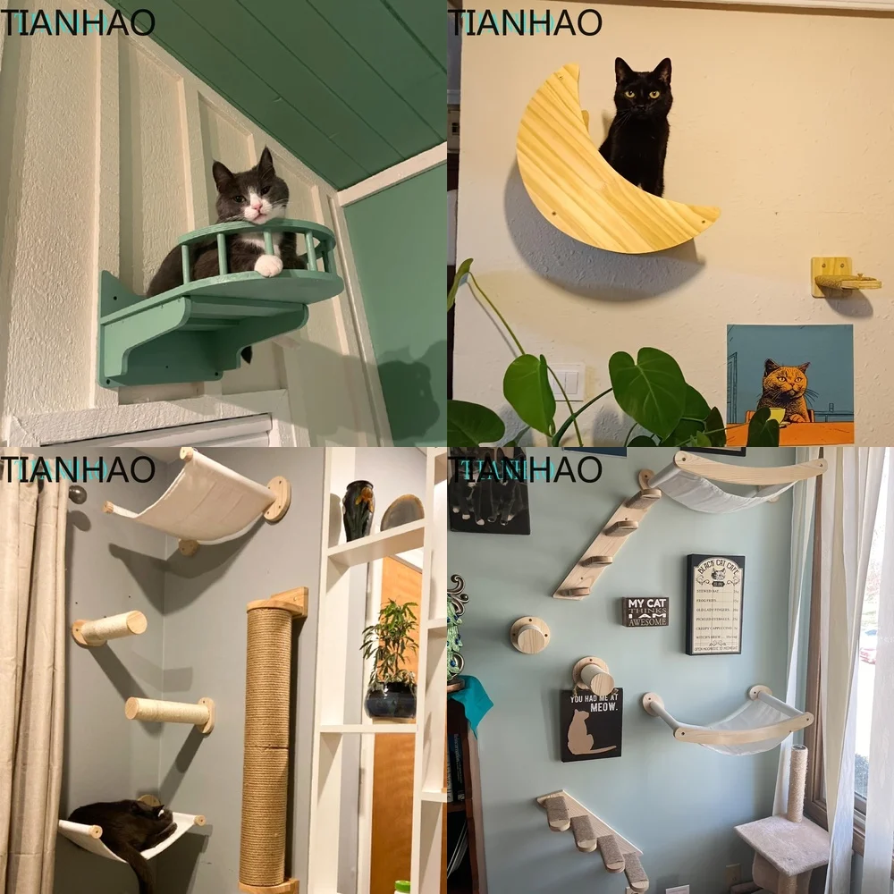Wall Mounted Cat Climbing Shelves Sisal Scratching Post Corner Perch Bridge Hammock Kitten Sleeping Station