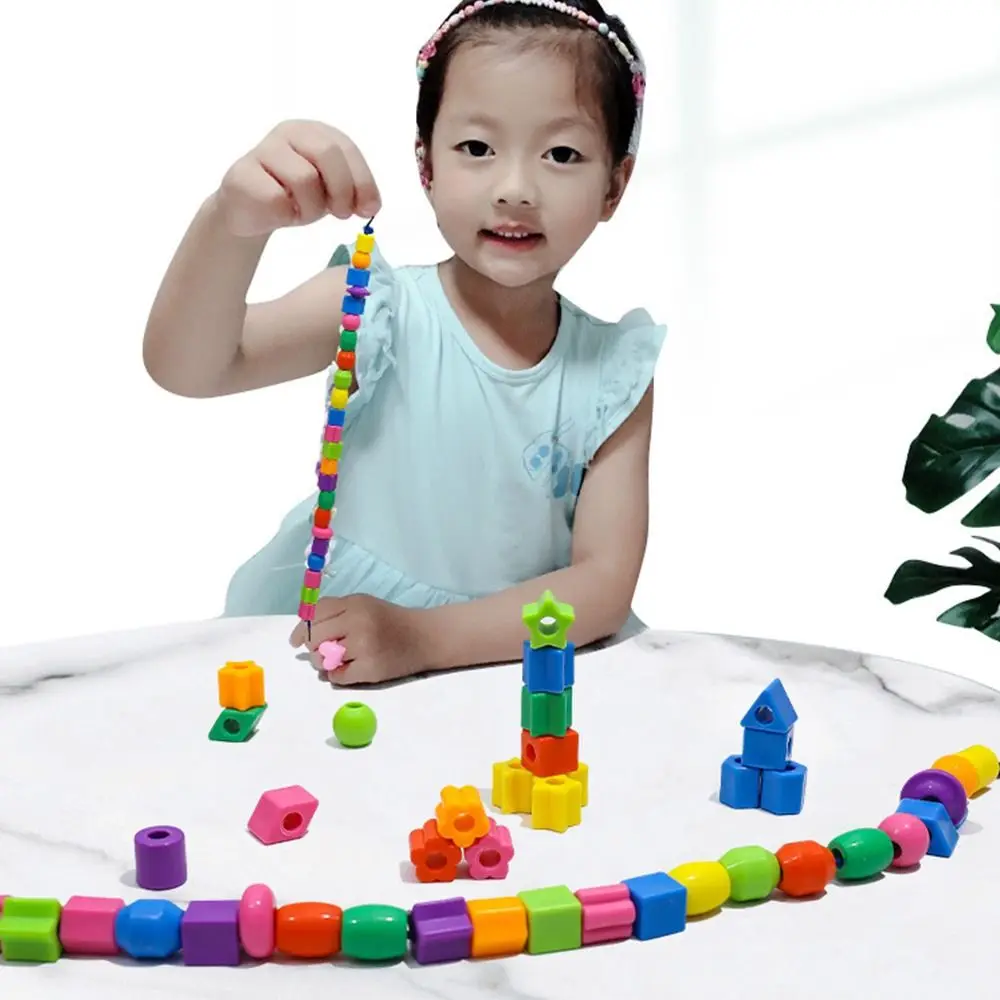 

48/100/160PCS Multicolor Montessori Threading Beads Toy Geometry Shape Bracelet Toy DIY Beaded Game Plastic Fine Motor Skills