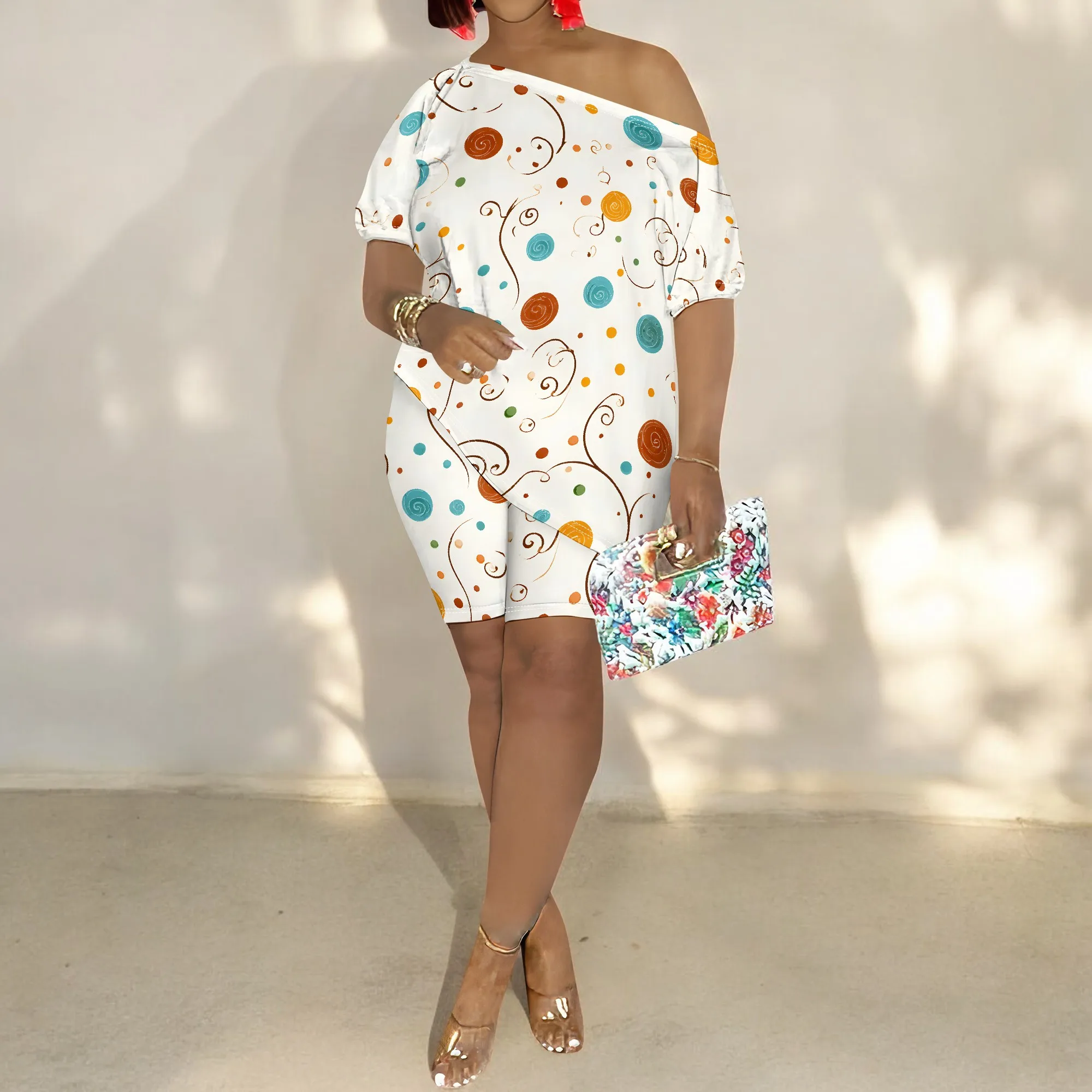 Colorful Circles Print, Off Shoulder Dress Set, Short Sleeve Top and Skirt, Casual Summer Outfit for Women, S-3XL