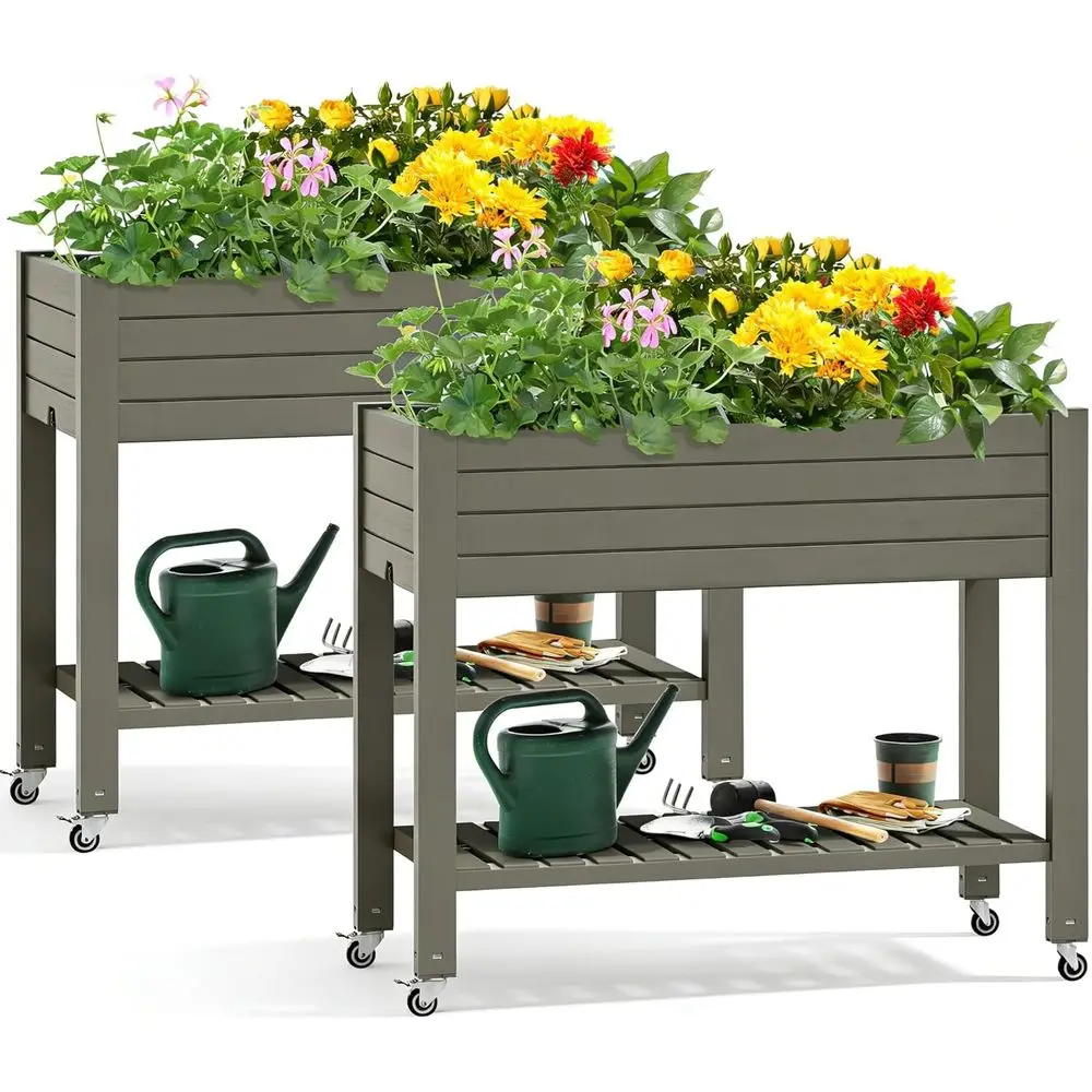 

Light Brown Outdoor Plastic Elevated Garden Bed, 2-Piece Planter Box with Wheels, Legs, Drain Plug, Ideal for Growing Plants, Ve