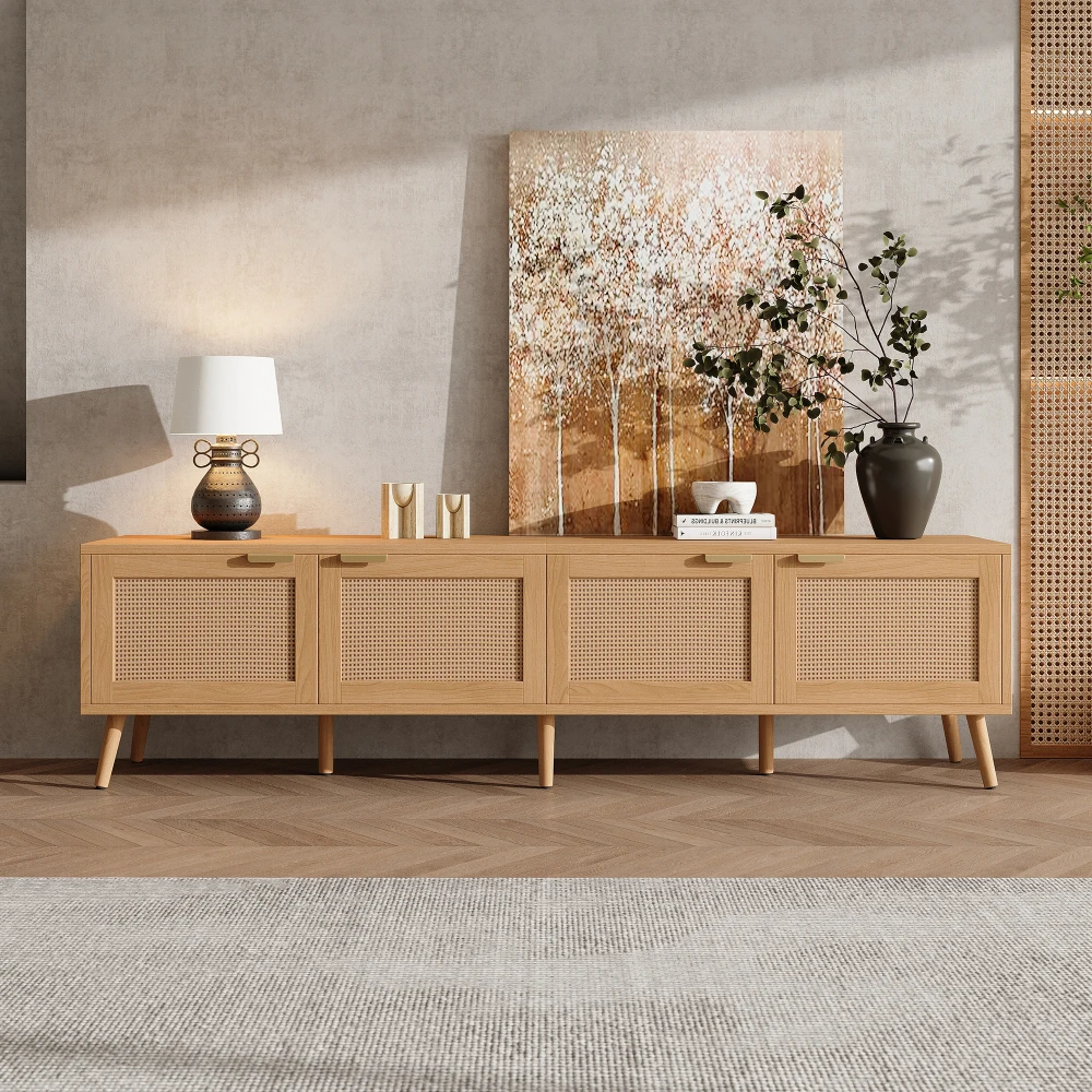

70inch Modern TV Stand: Rattan Doors, Fits80"TVs, Storage&Cable Holes, Living Room