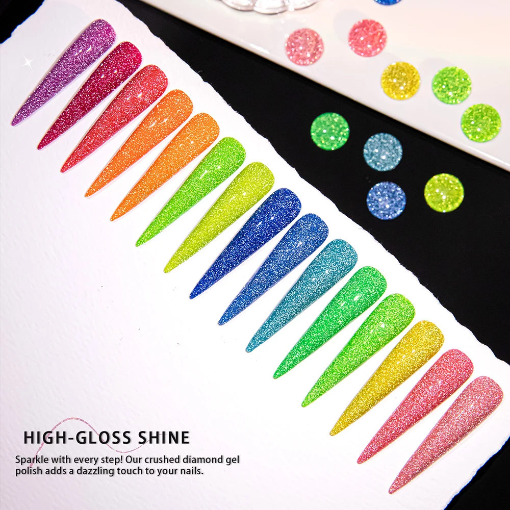Vendeeni 15 Farben Fluoreszenz-Flash-Broken-Diamond-Gel-Nagellack TPO HEMA-FREI Glitzer UV Soak-Off Gel-Lack mit Display – Detail 6