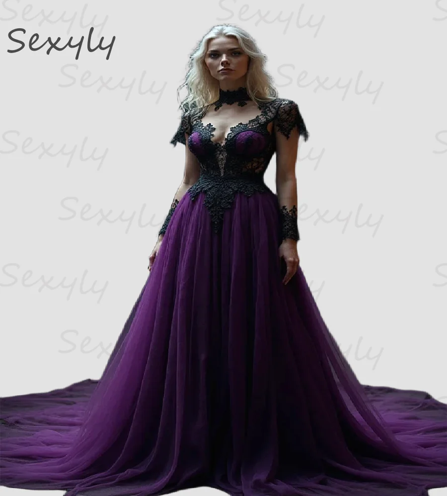 Dark Purple And Black Gothic Wedding Dress Victorian Medieval Gypsy Bridal Dress Long Sleeve Lace A Line Tulle BrideCustomized