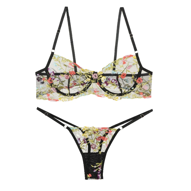 Floral Stickerei Spitze Bhs Set Frauen Sheer 2-Stück Sexy Bh + Höschen Dessous Mode Unterwäsche Set Dessous
