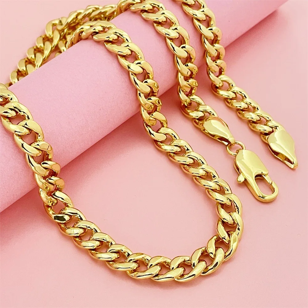 Fylia Jewelry   Luxury 24K 9999 Pure Gold real gold Men's wide 10MM length 75CM sideways Cuban necklace