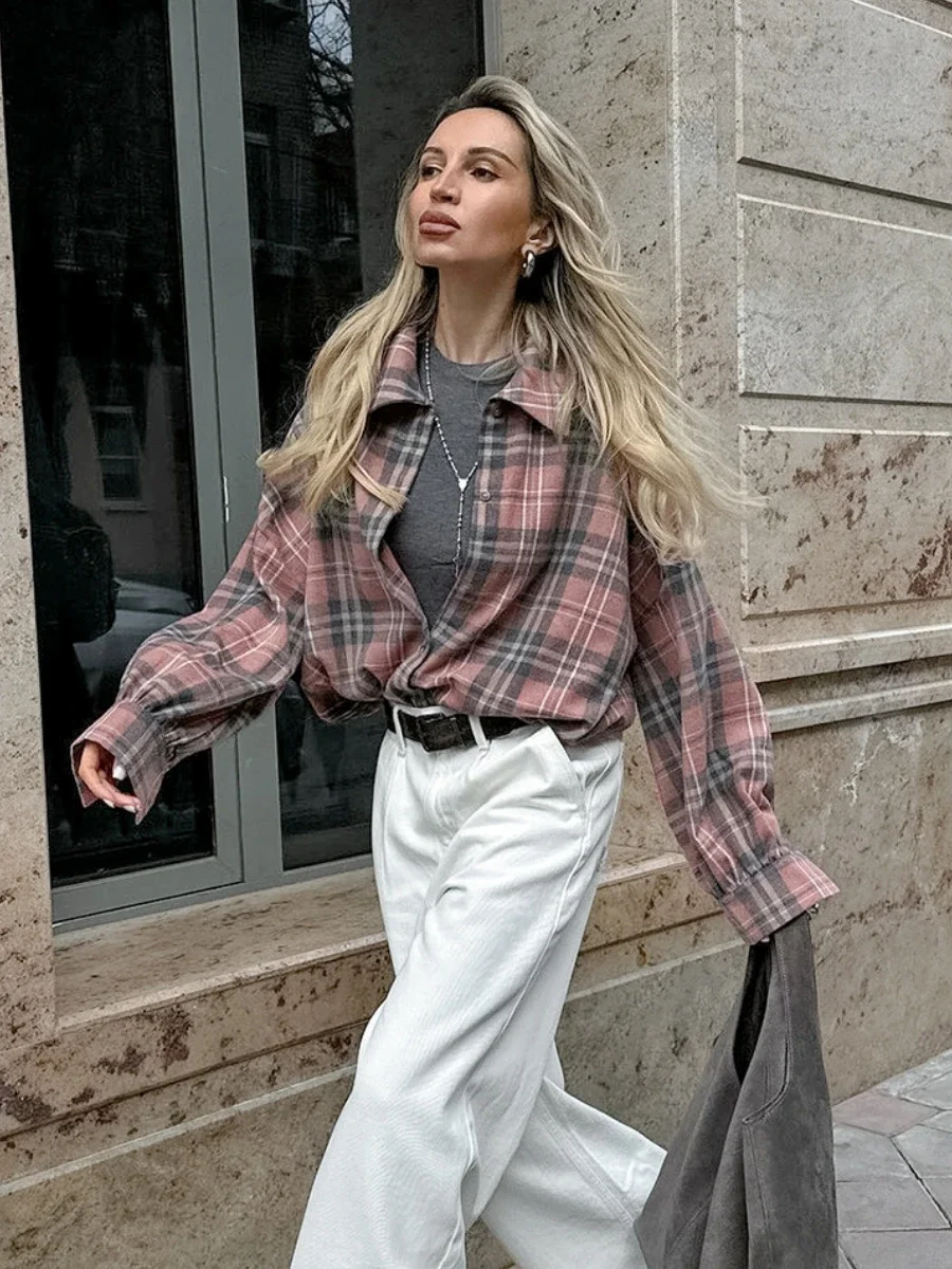 Bornladies New Pink Vintage Loose Plaid Women Shirt Fashion Lapel Long Sleeve Office Lady Blouses Retro Tops Female Clothing