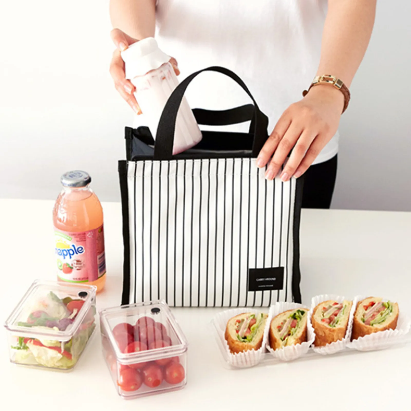 Black And White Stripes Simple Insulated Thermal Camping Bag Picnic Cooler Bag Camping Accessories Office Worker Lunch Box