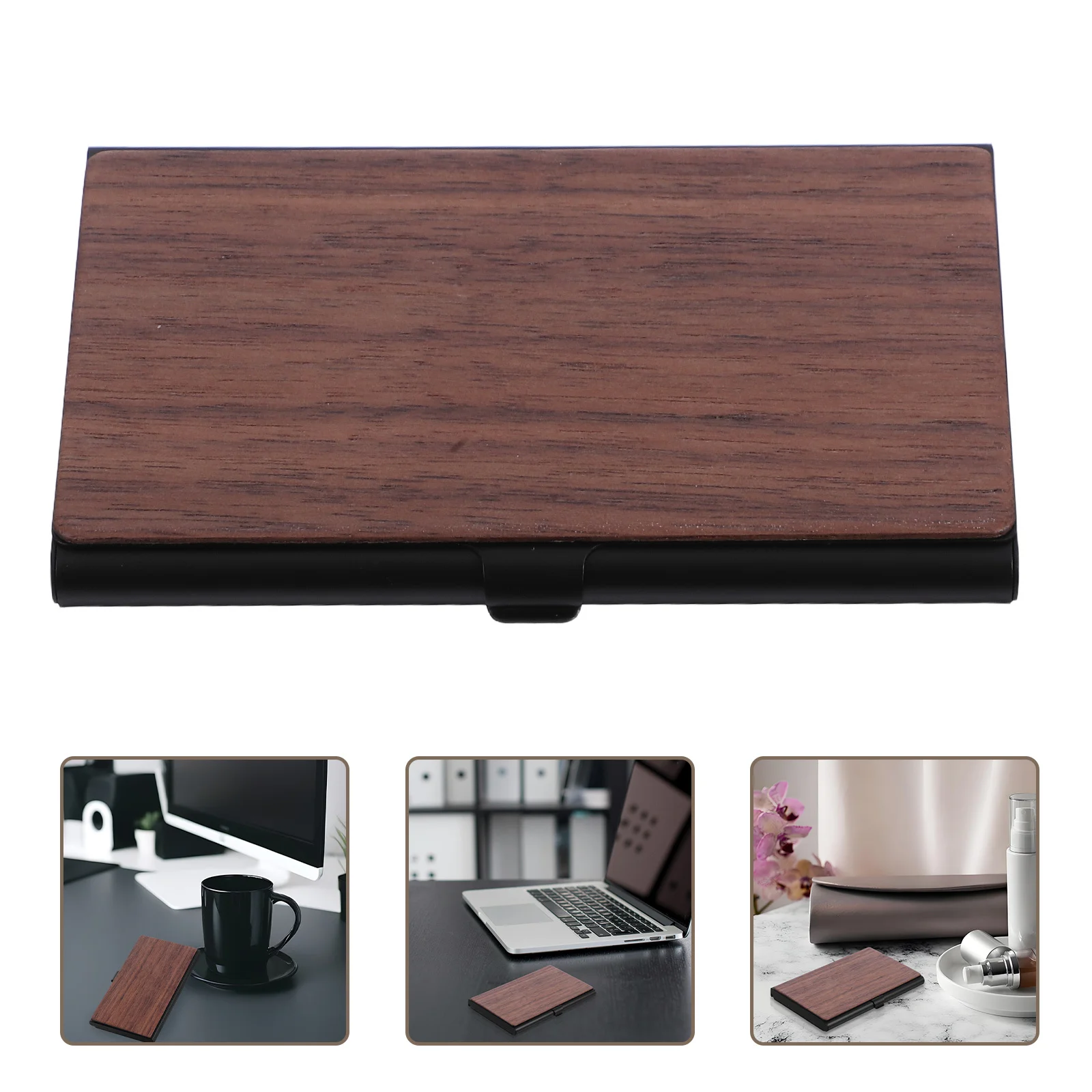 Elegant Wood Grain Metal Business Card Holder Ample Storage Desktop Display for Office Organization Portable Card Carrier Unisex