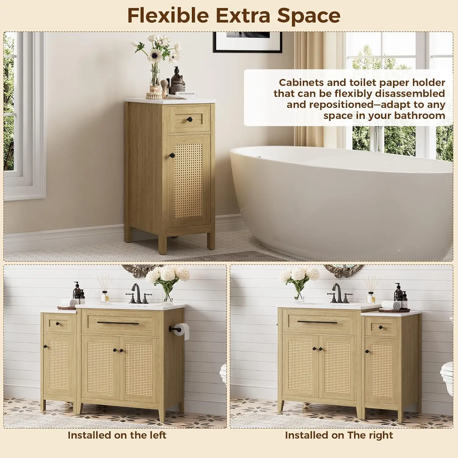 IRONCK 30-Zoll-Badezimmerwaschtisch mit seitlichem Stauraum, freistehender Badezimmerschrank mit Keramikwaschbecken, ausklappbarer Schublade und weichem C