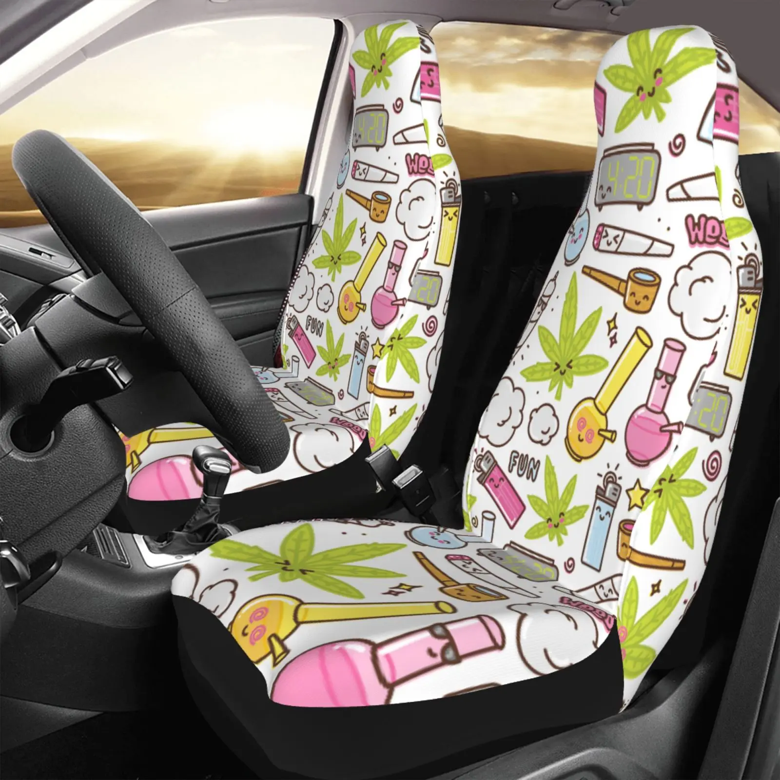 Cartoon Drawing Hemp Print Pattern Car Seat Cover Anti Fouling Convenient Protective Cover Two-piece Seat Protective Cover