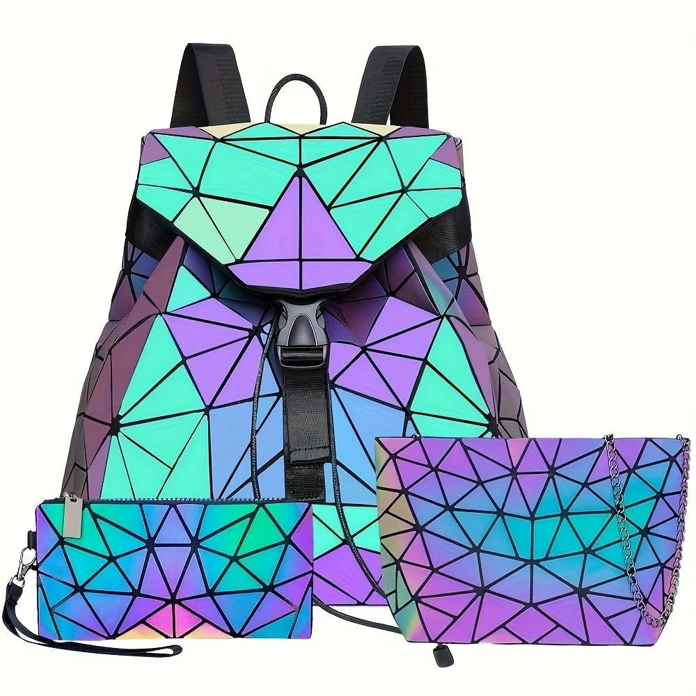 Fashion Drawstring Folding Backpack 3 Set/Holographic Diamond Luminous Travel Bag/Shoulder Bag/Long Purset