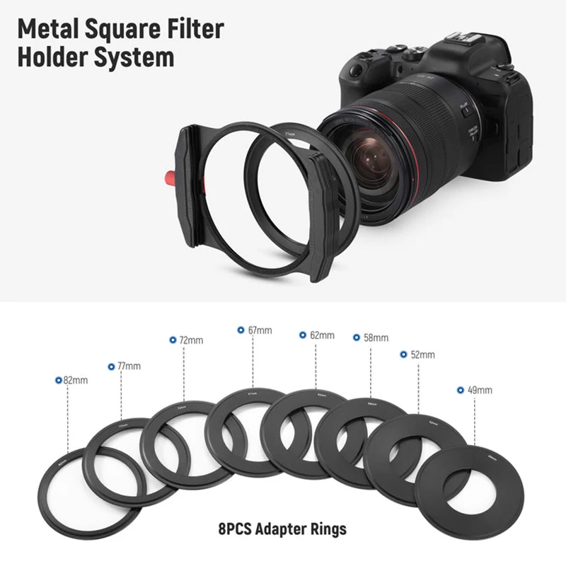 NEEWER Metal Square Filter Holder includes a metal filter holder, 8 filter adapter rings(49/52/58/62/67/72/77/82mm)