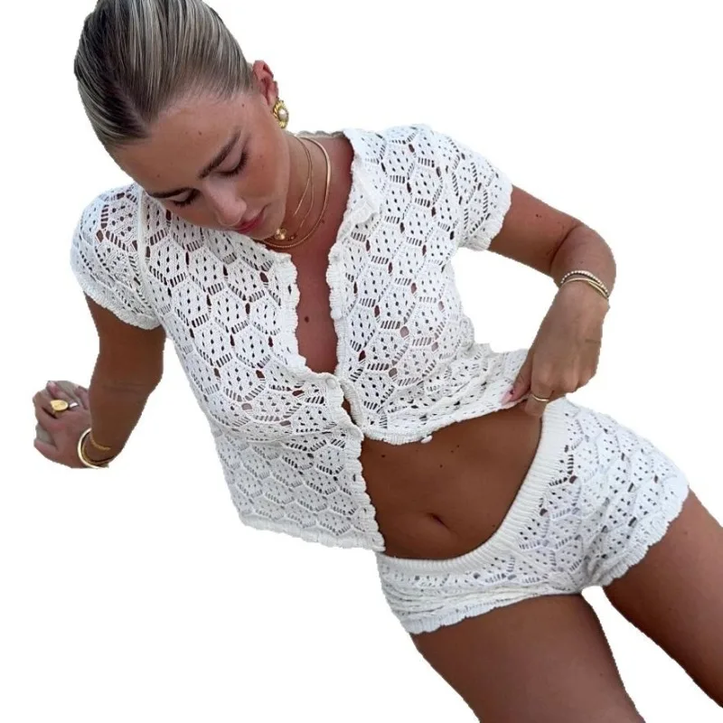 Women's Spring Summer Fashion Casual Hollow Out Top Shorts Set Comfortable