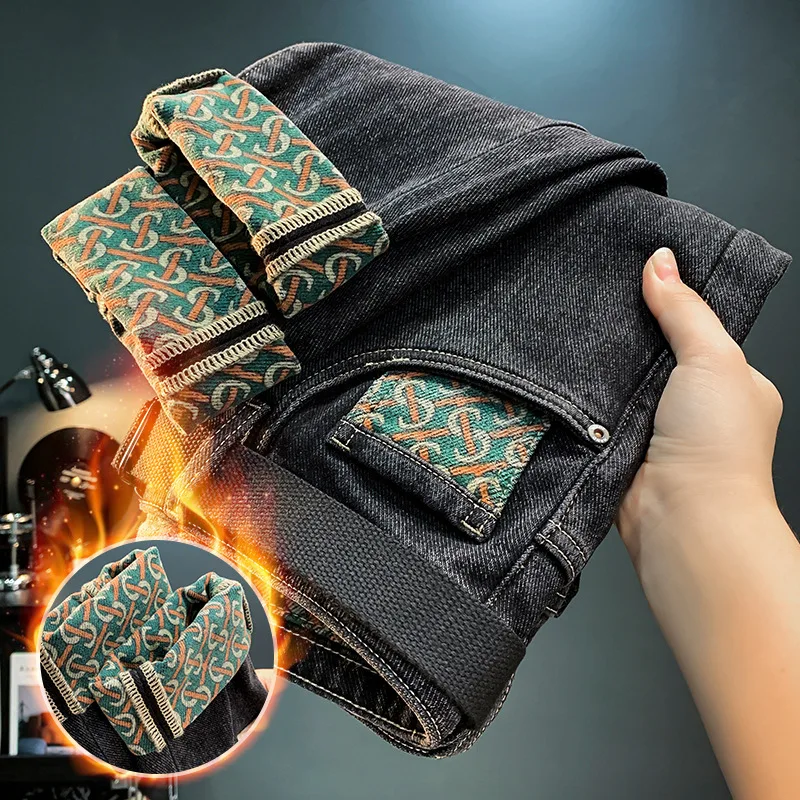 

Winter High-End Men'S Fleece Jeans Thick Fashion Trend Print Slim Thick Comfortable Warm Casual Denim Pants