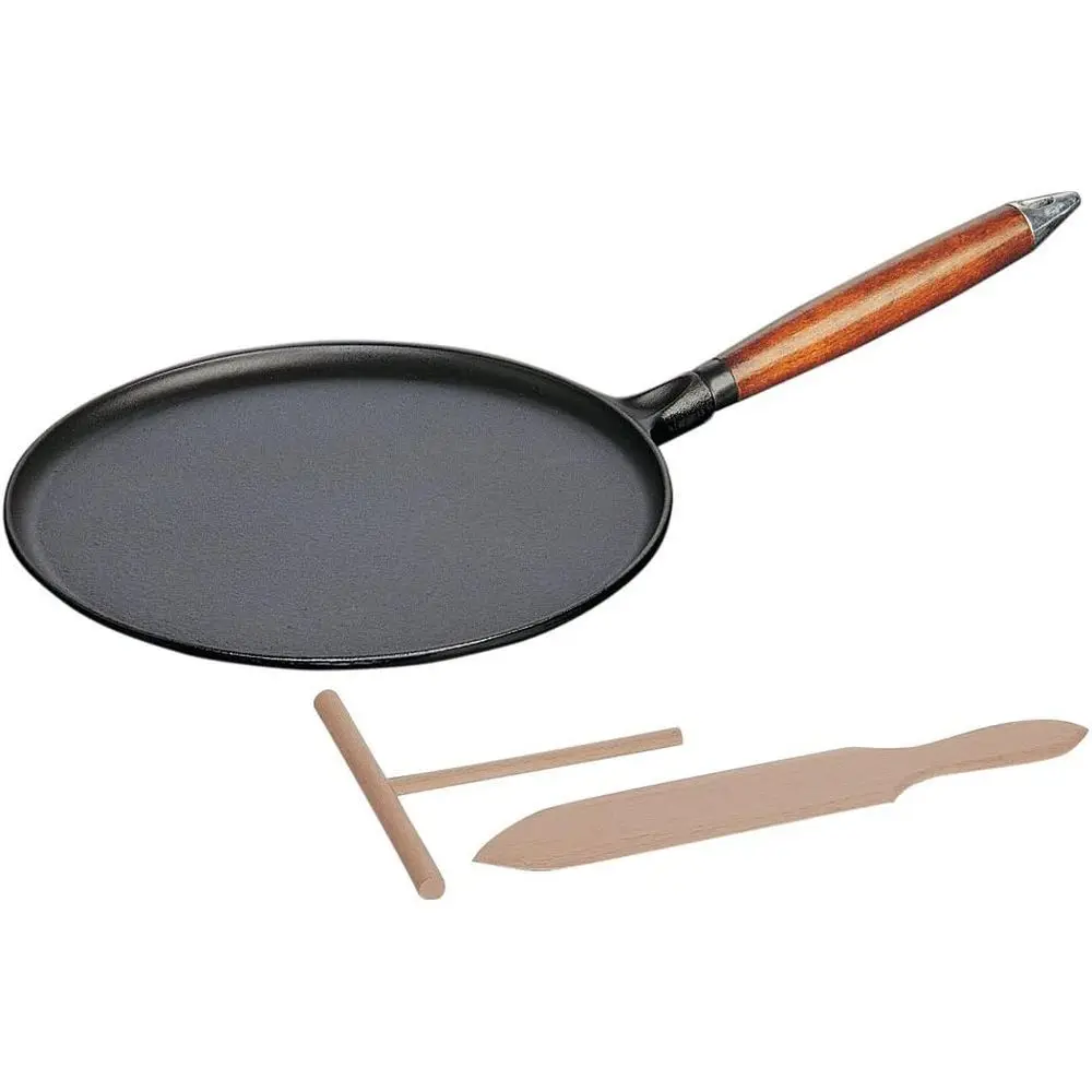 

11-inch Matte Black Cast Iron Crepe Pan with Spreader, Crafted in France