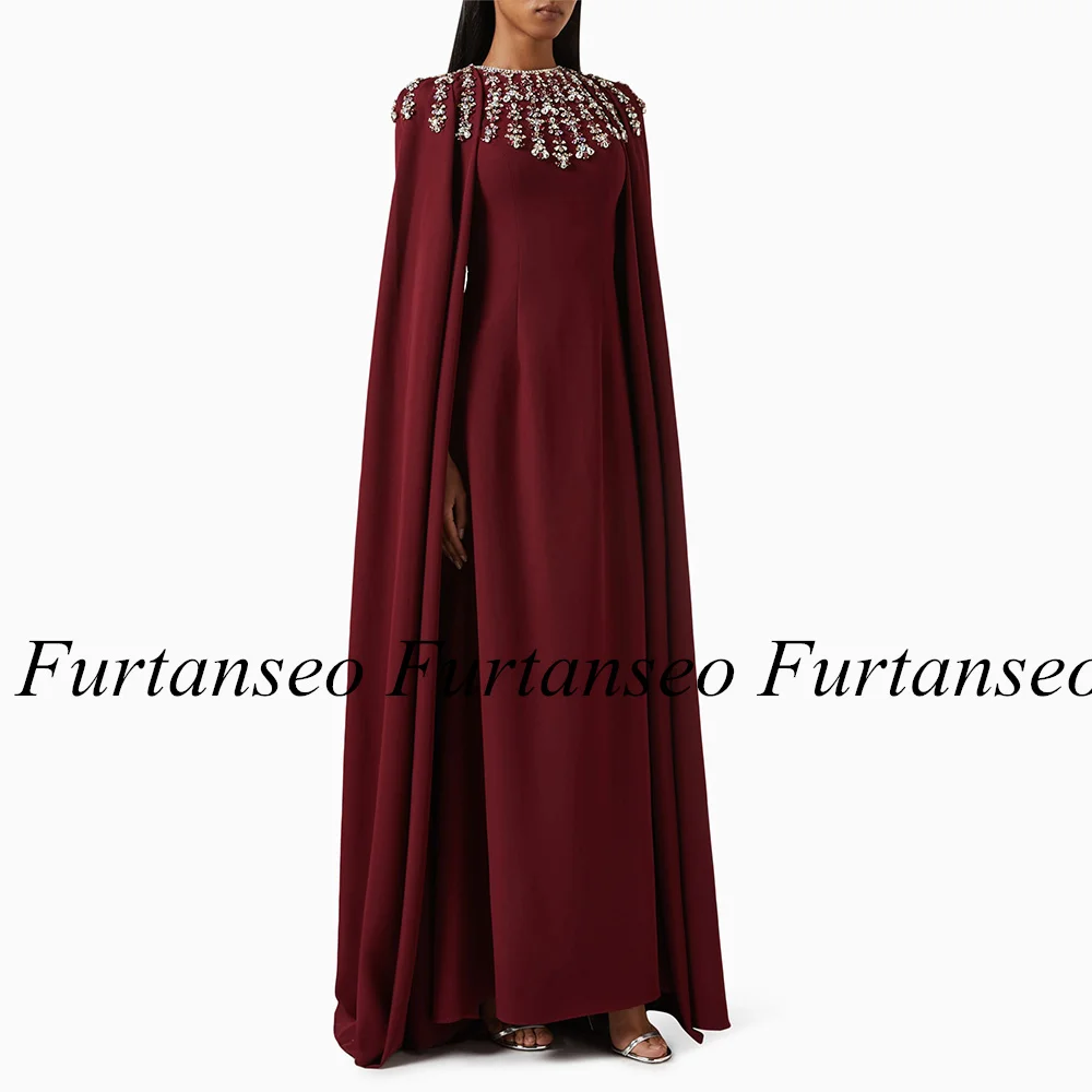 New Burgundy Evening Dress Customized Round Neck Luxury Crytals Formal Gown with Sleeve Cape Saud Prom Dresses for Woman