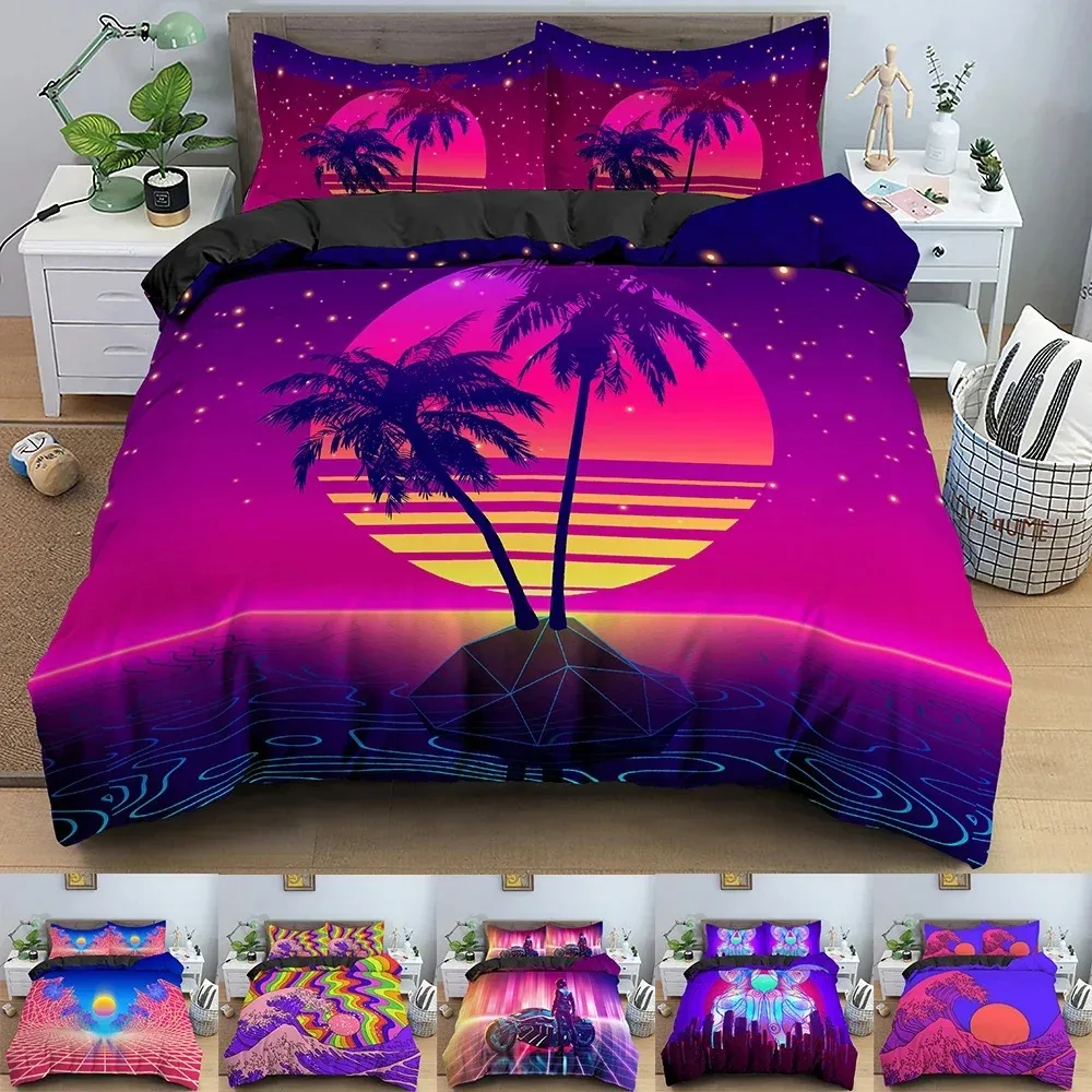 Retro Bedding Set Abstract Duvet Cover Set Waves And Sunset Pattern Comforter Cover With Pillowcase King Queen Home Textiles