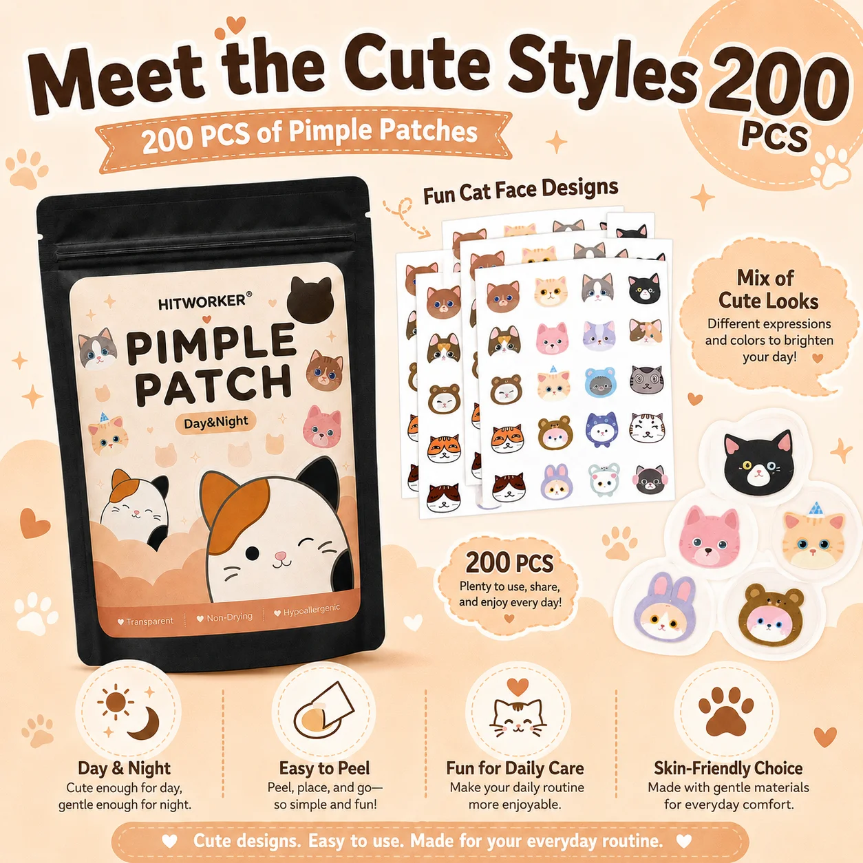 200Pcs Cute Cartoon Cat Shaped Acne Pimple Patches, Hydrocolloid Oil Absorbing Blemish Spot Stickers, Cute Kitty Blemish Covers