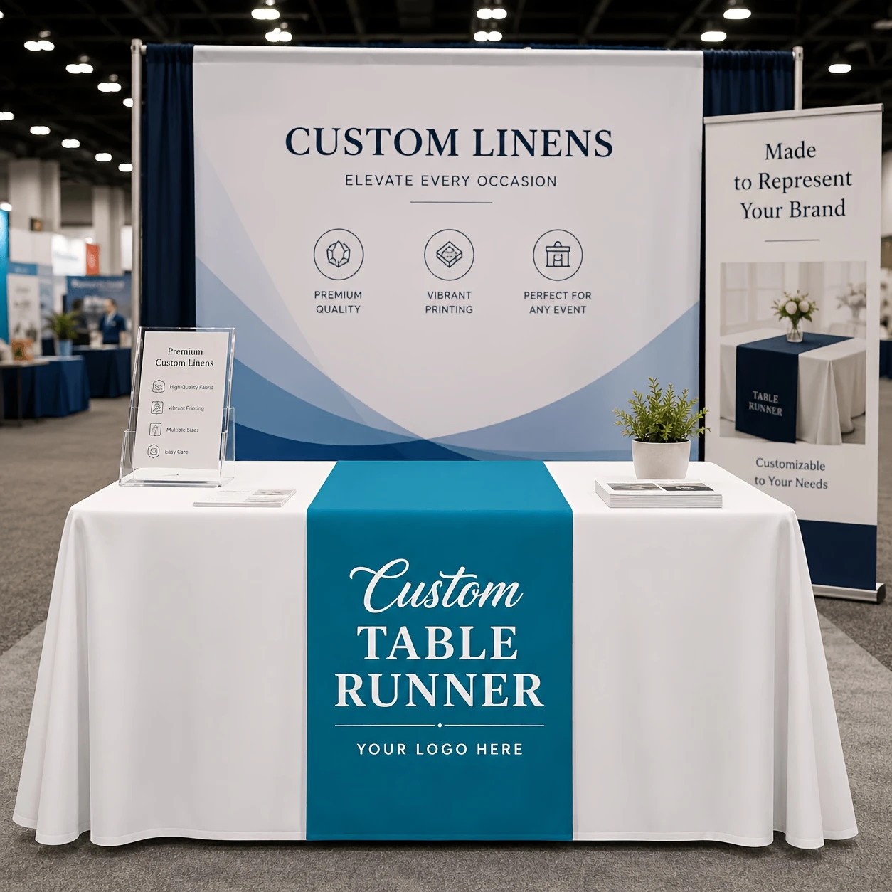 Customizable table runners featuring logos and photos—add your own logo, name, or image to create unique booth décor. Perfect fo