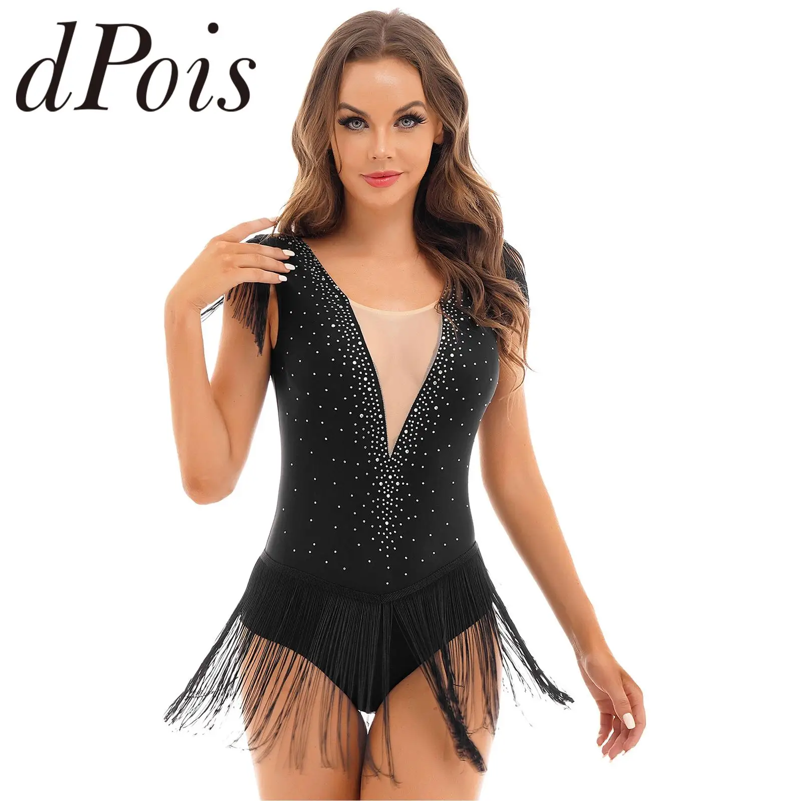 

Womens Latin Dance Costume Figure Skating Competition Dress Shiny Rhinestone Tassel Skirted Leotard Cha-cha Samba Dancewear