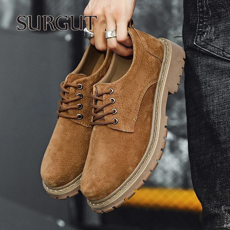 SURGUT Genuine Leather Casual Men Shoes Fashion Breathable Anti-Skid Sewing Quality Working Shoes For Men