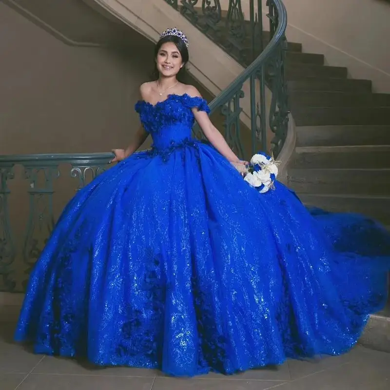 

Royal Blue Shiny Quinceanera Dress Off The Shoulder Princess Beads Crystal Tull Sweet 16 Birthday Party Gown Vestido De 15 Anos