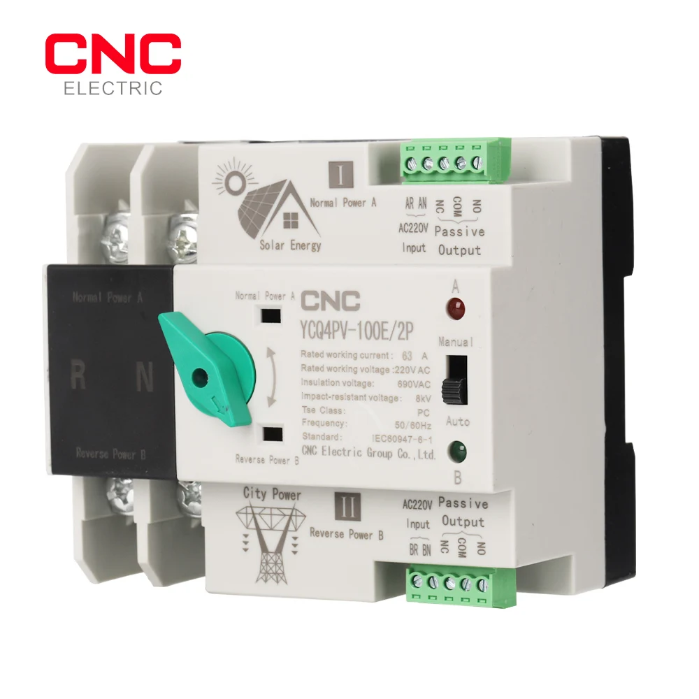 CNC YCQ4PV-100E 2P Din Rail ATS for PV and inverter Dual Power Automatic Transfer Selector Switches Uninterrupted 63A 100A