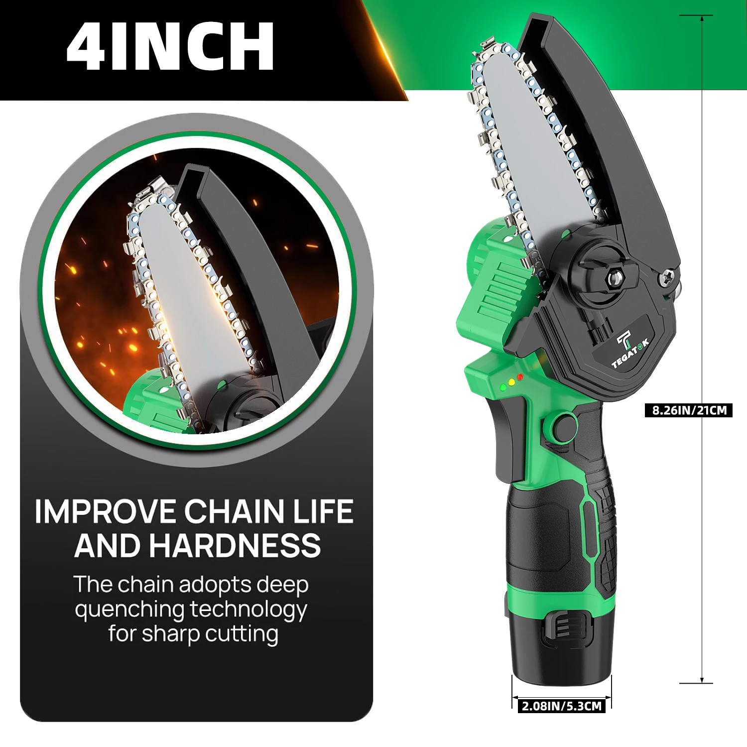 منشار Tegatik Mini Chainsaw اللاسلكي 4 بوصة منشار سلسلة قابل لإعادة الشحن مع 2 قطعة بطاريات وسلاسلين