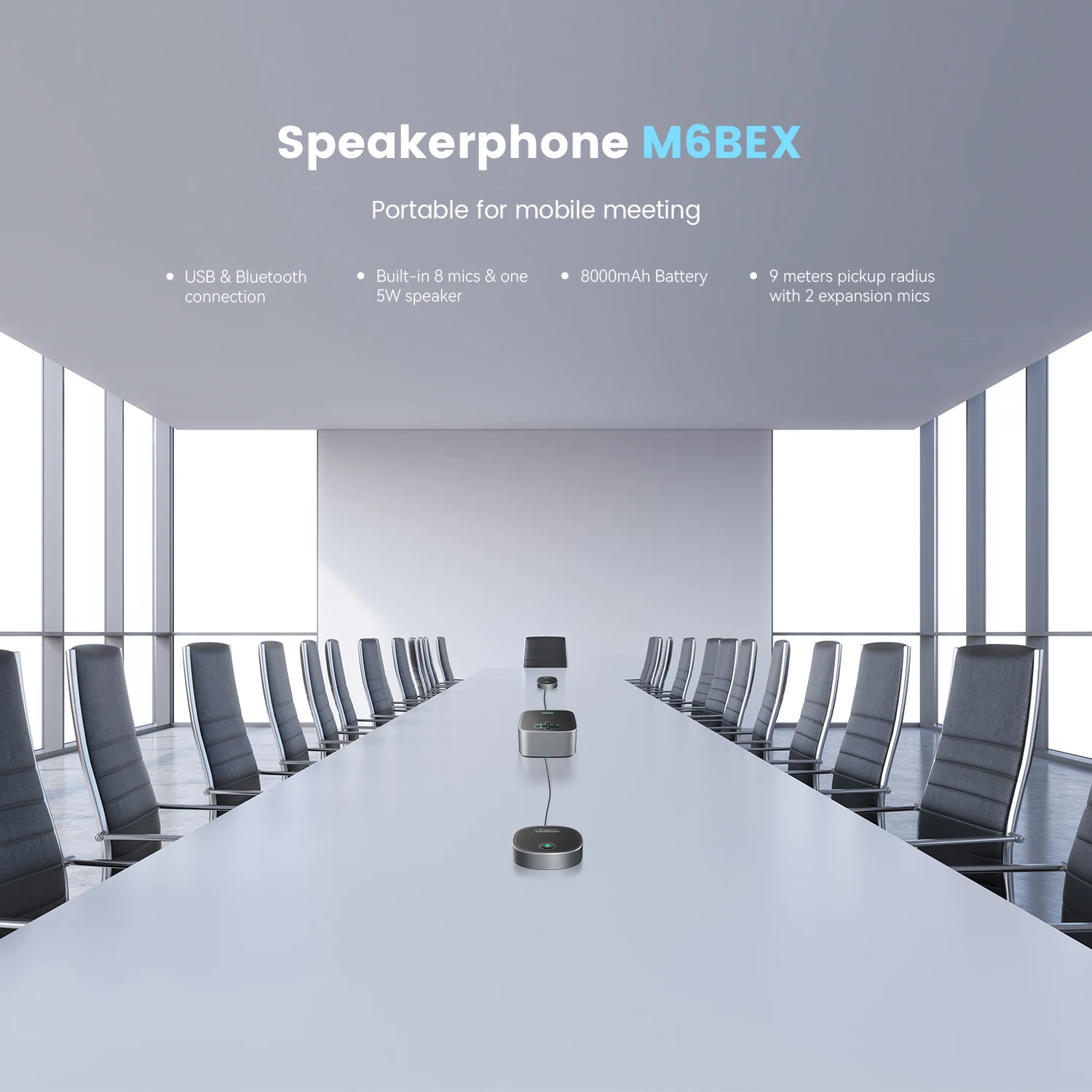 M6BEX Bluetooth wireless Conference speakerphone With Buil-in 8 Microphonrs and 2 expansion microphone for Large confernece room