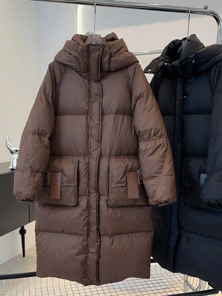 Dames 2025 Nieuwe Capuchon Knielengte Losse Puffer Brood Jas Vrouwen Winter Dikker Warme Waterdichte Eendendons Jas Pluizige Parka