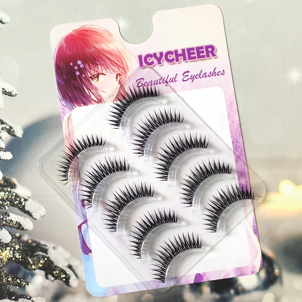 5 Paar natürliche dicke falsche Wimpern, flauschige 3D-Augenwimpern, handgefertigt, schwarzes Band, niedliche Comic-Augenwimpern, Cosplay, Kosmetik, Make-up