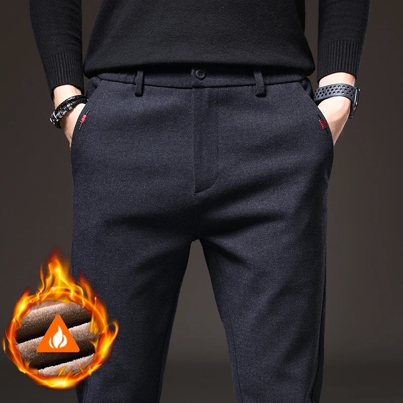 Winter Warm Men\'s Brushed Casual Pants Business Straight Slim Thick Fleece Trousers Plush Brand Male Clothes 28-38