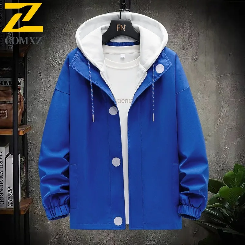 COMXZ 2025 Mens Korean Style Faux Two Piece Hooded Jacket Spring Autumn Breathable Versatile Trendy Casual Coat