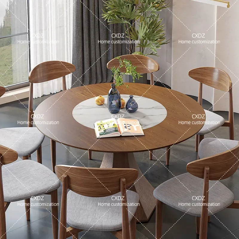 Nordic Style Dining Table and Chair Set Modern Minimalist Solid Wood Kitchen Table with Built-in Turntable for Home Use