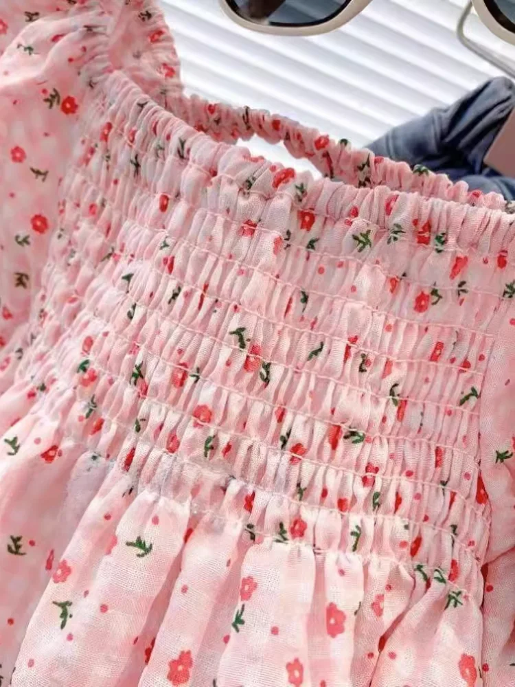 夏花柄半袖シャツ小さな女の子ベビードールスタイル花柄スカートセットスクエアカラー多用途シルクトップ