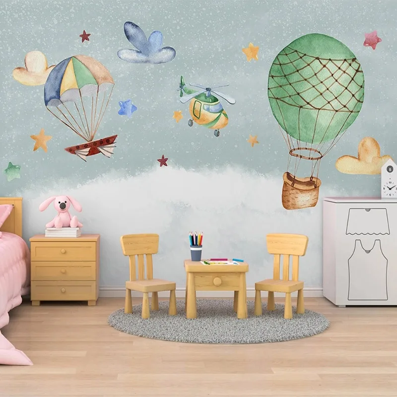 

Custom Mural Wallpaper Nordic Hand Painted 3D Cartoon Airplane Balloon Children's Room Background Wall Painting Papel De Parede