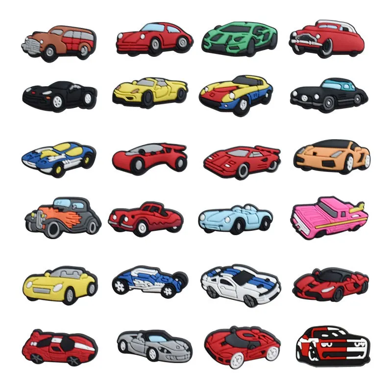 25Pcs/Lot Cartoon Sports Racing Car DIY Shoe Charms PVC Detachable Shoe Buckles for Hole Clogs Sandals Boys Shoe Accessories