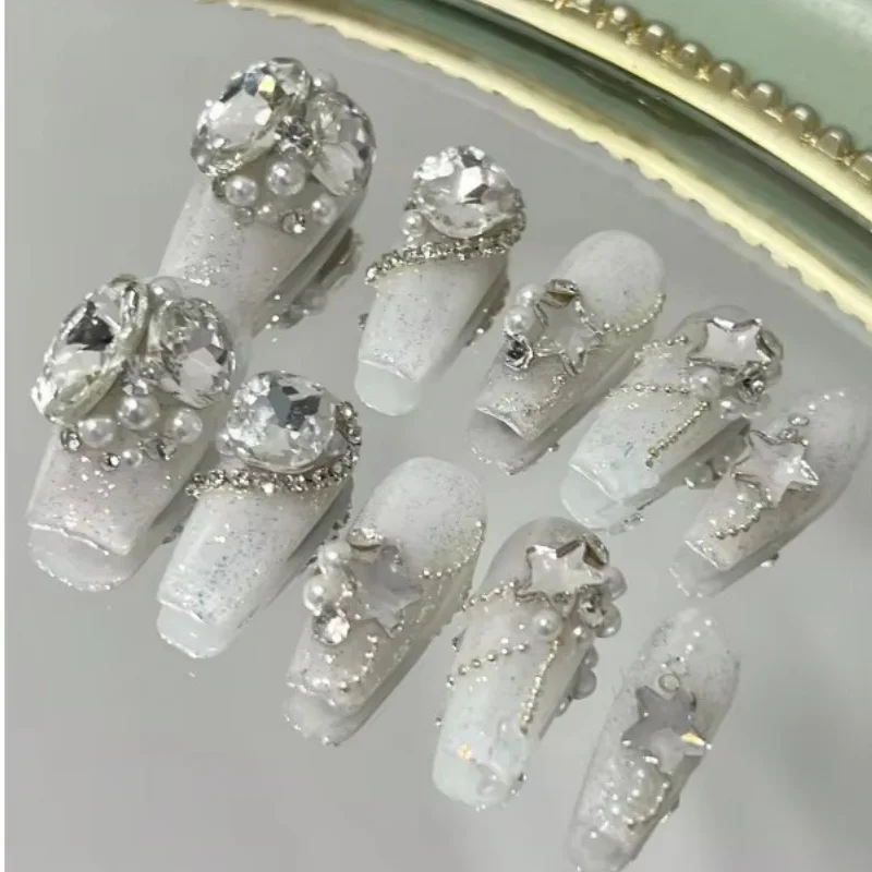 10Sheet Pack Handmade Fake Nails Press-On Long Nails Pipe Nails Coffin Nails Detachable Reusable Suitable for Parties and Festiv