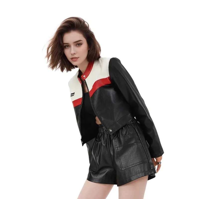 Women Faux Leather Jackets Patchwork Motorcycle Suit  Aviator Jacket Short Version Coat Leather Jacket Handsome Oversized Skinny