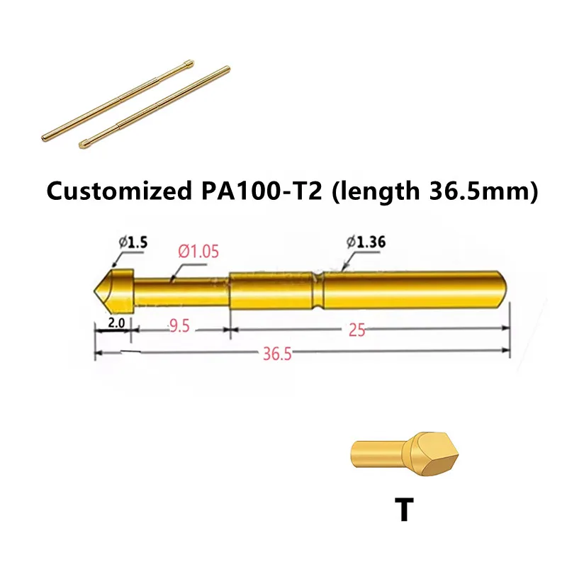 Customized 1000PCS Gold plated PA100-T2 Spring Test Probe Outer Diameter 1.36mm Length 36.5mm For Testing
