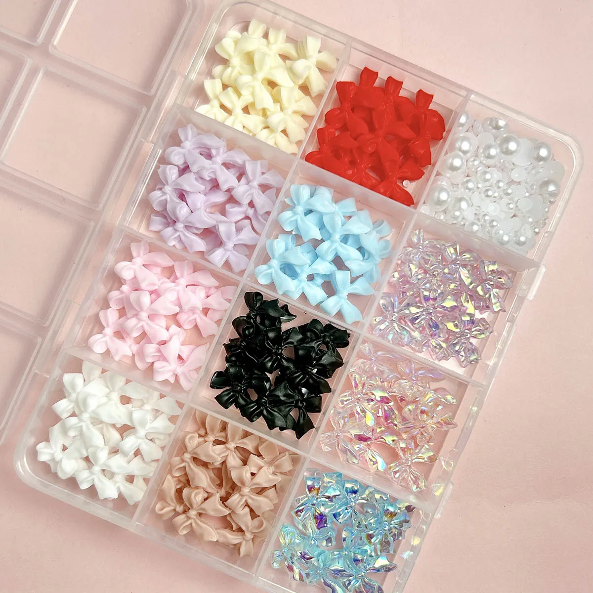 

1Box Sweet Ribbon Resin Bowknots Nail Charms 3D Solid Color Bow Simulated Flat Bottomed Pearl Nail Art Decorations for DIY Nails